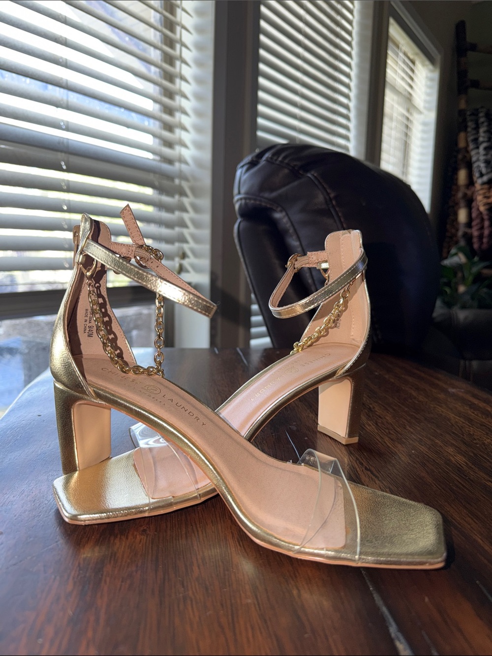 Chinese Laundry Gold Block Heel Sandals with Clear Toe Strap